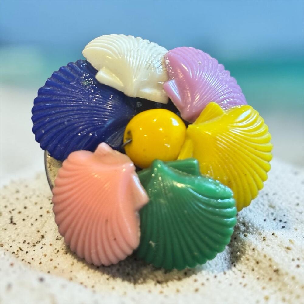 Vintage Colorful Seashell Brooch Chunky Lucite Beach Kitsch Statement Pin